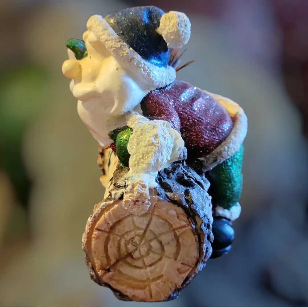 Vtg Santa Claus Christmas Peace Log Pine Glitter Figurine Statue